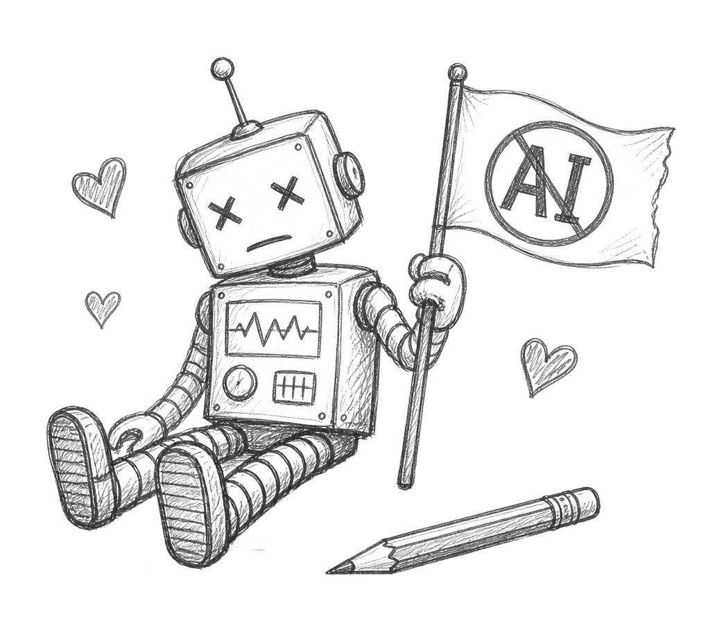 A defeated robot holding a crossed-out AI flag