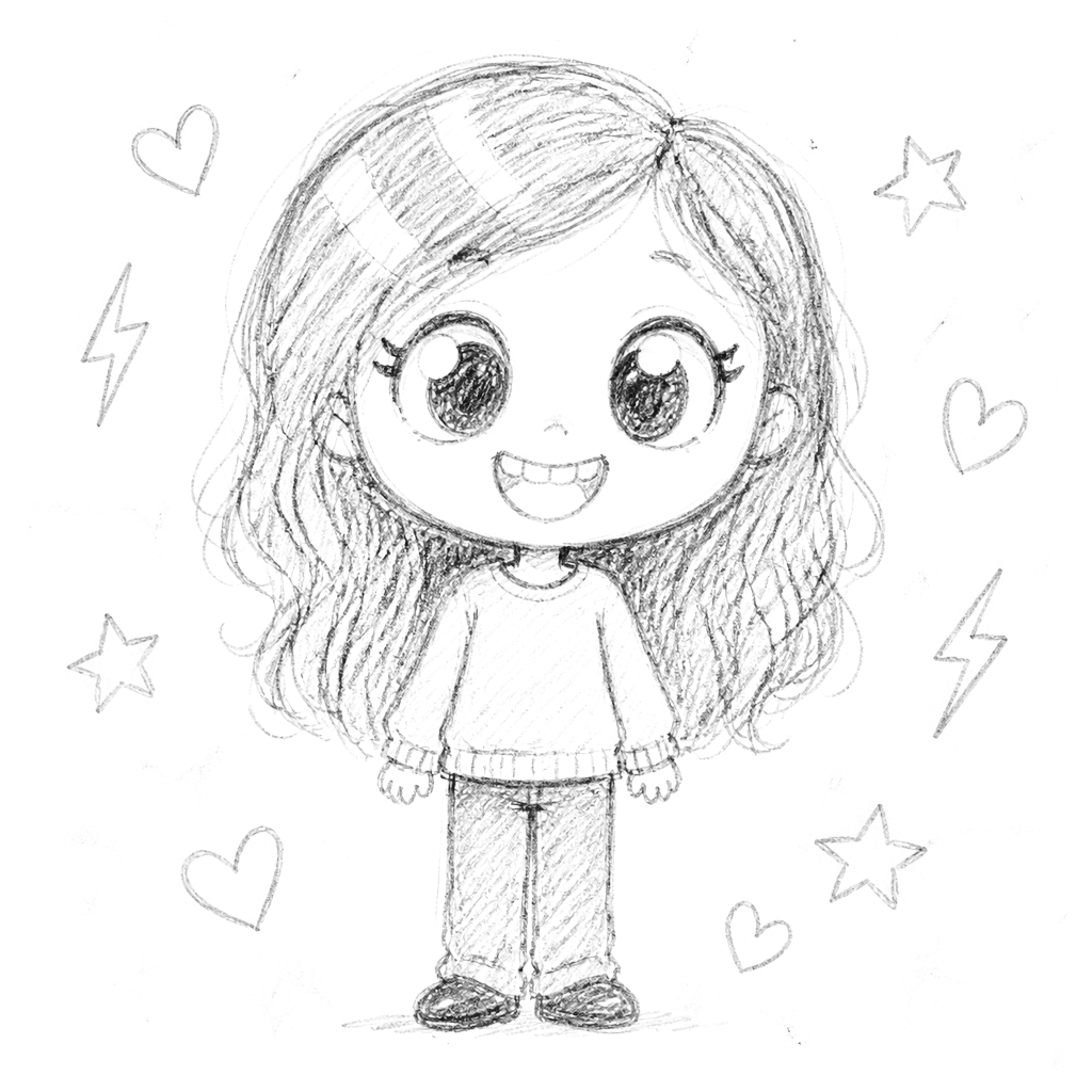 Zoe, a pencil sketch of a girl with long wavy hair in a sweater and jeans